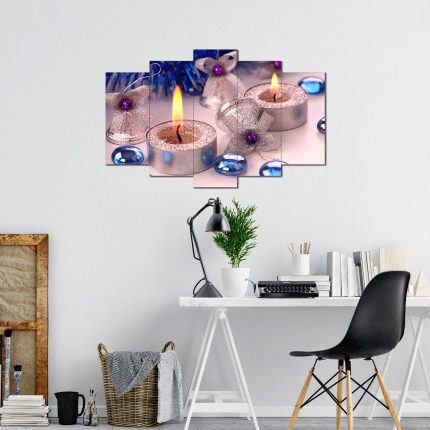 Mavi Boncuk Ve Mum Desenli 5 Parça MDF Tablo