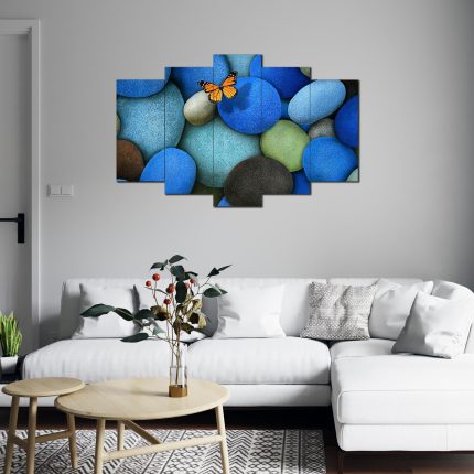 Mavi Taşlar Ve Kelebek Desenli 5 Parça MDF Tablo