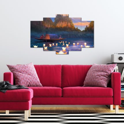 Nehirdeki Kayık Desenli 5 Parça MDF Tablo